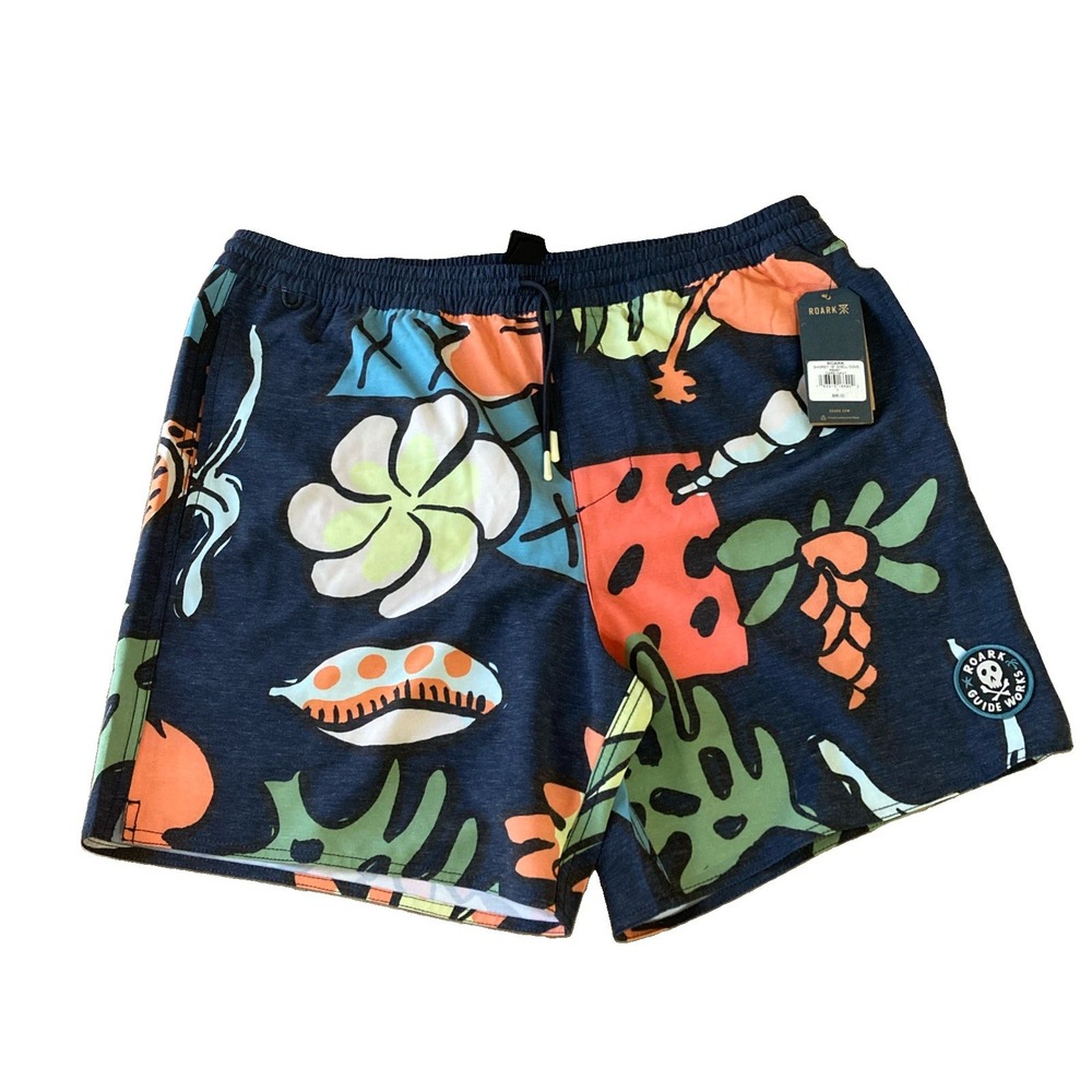 Roark Board Shorts Shorey 16" Shell Cove L New Navy Floral Swim Surf Hawaiian